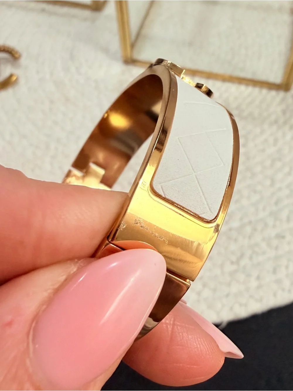 White & Gold Quilted Logo Statement Bangle Bracelet | Fashion | Size 6.5 -7